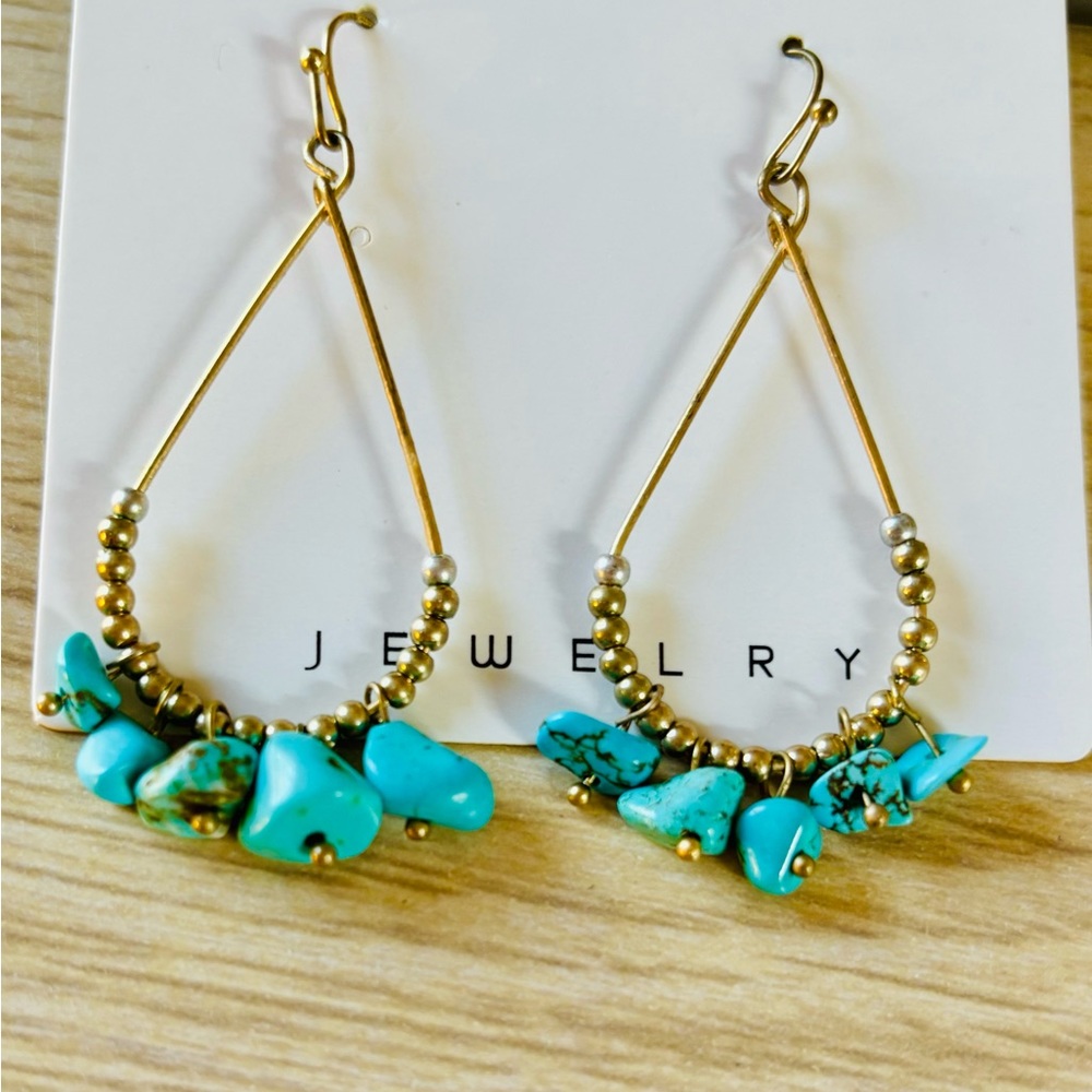 Earring! Gold teardrop loops with torquoise stones.